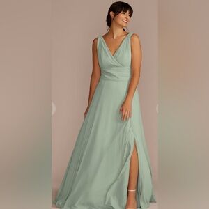 David’s Bridal long chiffon surplice tank bridesmaid dress in dusty sage